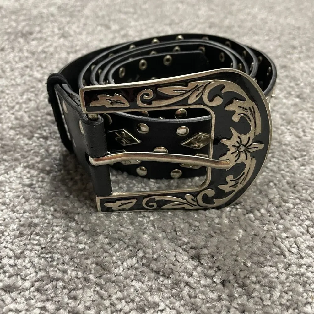 Unbranded Black Leather Belt Womens 46 Metal Studded Floral Buckle Ladies